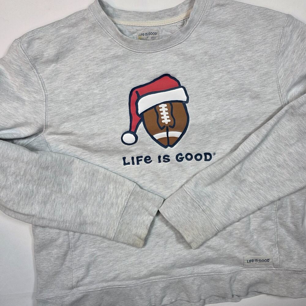 Life Is Good Sweater Men's L Gray Football X-Mas Graphic Crew Neck Sweatshirt